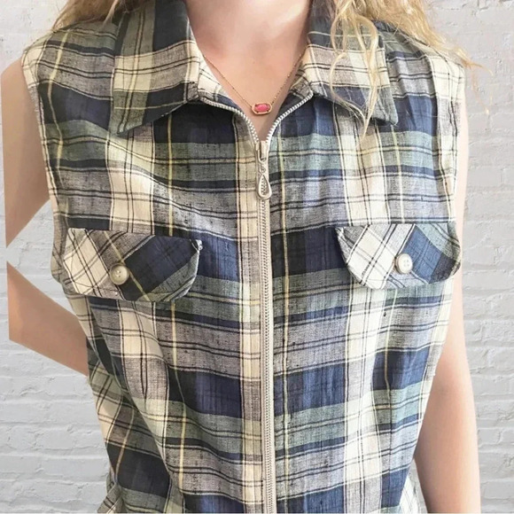 Vintage 90s Collin Creek Silk-Cotton Plaid Zip Front Sleeveless Shirt Vest - Picture 4 of 12